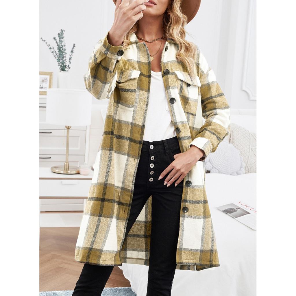 Ladies Casual Loose Long Sleeve Loose Single-breasted Button Plaid Long Coat