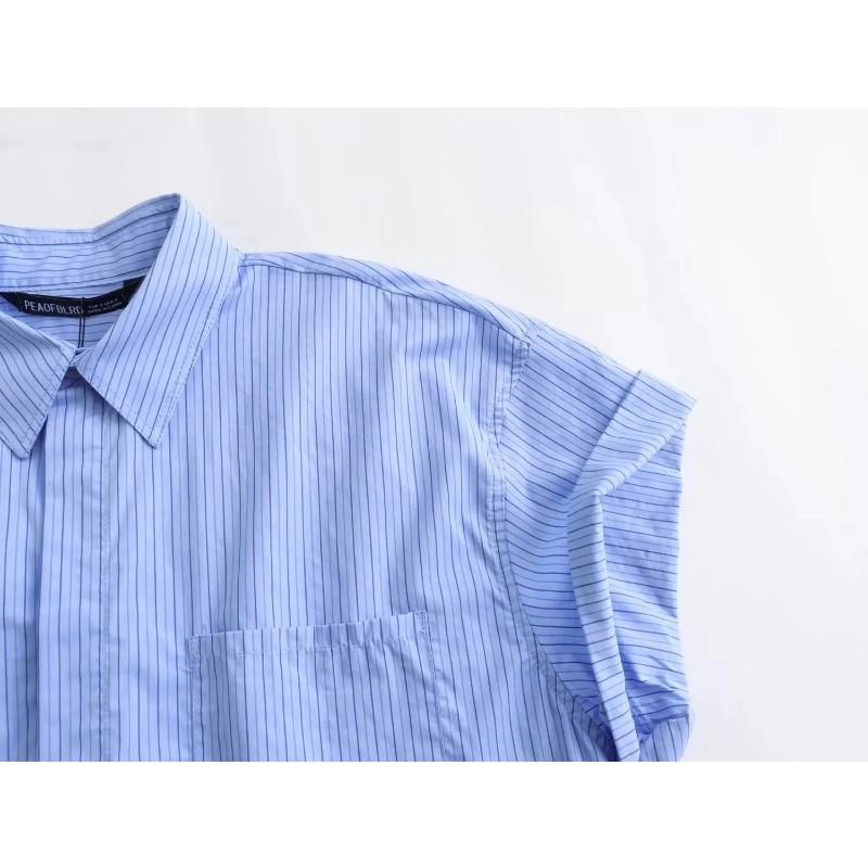 Dámská módní zkrácená popelínová košile Dámská ležérní klopa Krátký rukáv Kapsa Vpředu Knoflíky Všestranný dámský top