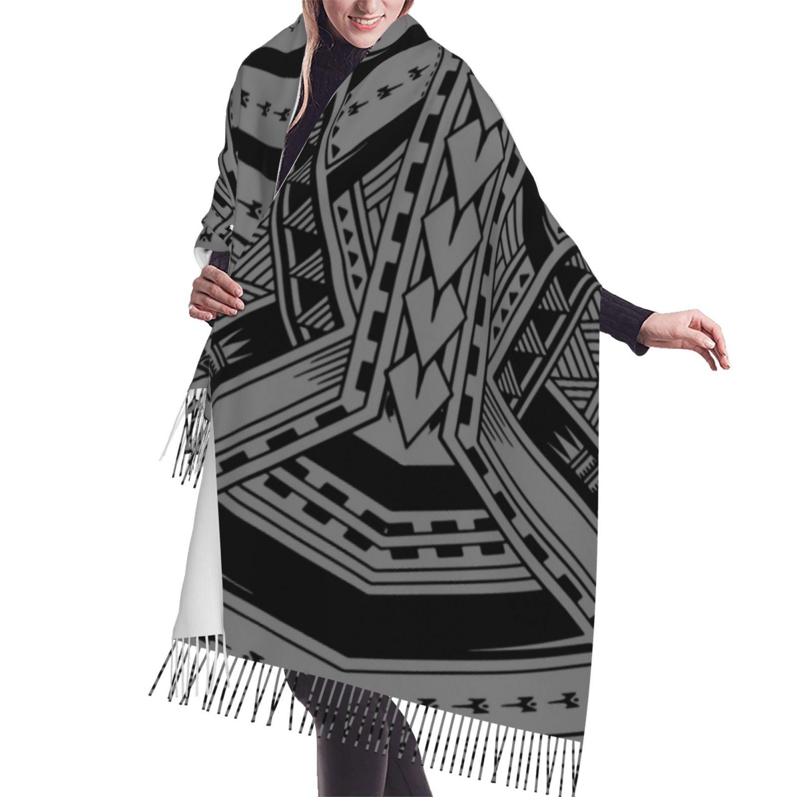 High Quality Customized Warm Winter Pashmina Shawl Scarf With Tassel Blue Polynesian Samoa Tribal Design Poncho Shawl Scarf