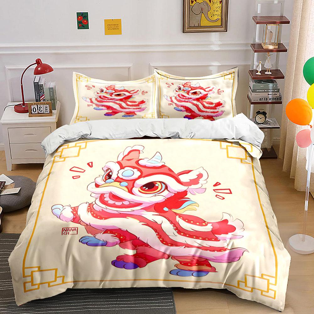 Festive Red Lion Dance Cartoon Print Bedding Set 1 Duvet Cover 2 Pillowcases for Adult and Children Luxury Gift Full Size
