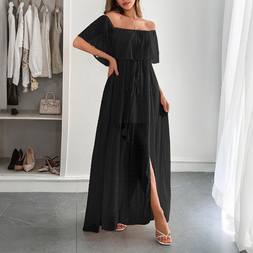Elegant Temperament with A Bra Waist Short Sleeve Long Skirt Dress Women's Dress 2025