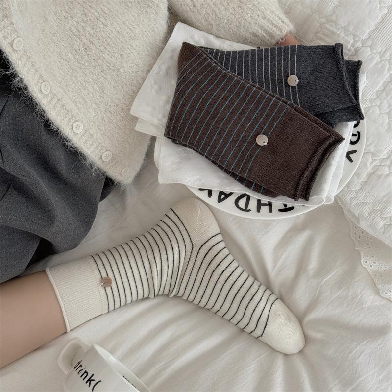 Wool Socks, Resin Buckle Striped Pile Socks, Women's Mid-calf Socks, Thickened for Warmth in Autumn and Winter