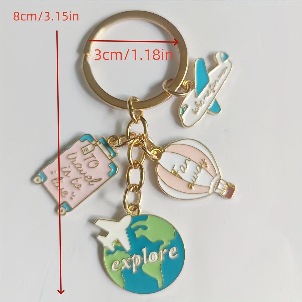 Travel-Themed Keychain: Airplane, Balloon, Map & Suitcase Pendant
