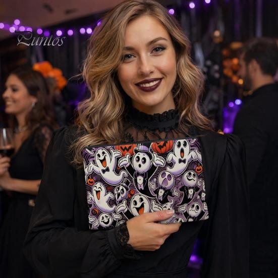 Wear-resistant Canvas Pouch Halloween Storage Bag, with Colorful Cartoon Ghost Print, Durable Travel Bag Makeup Zipper Large Capacity Lightweight