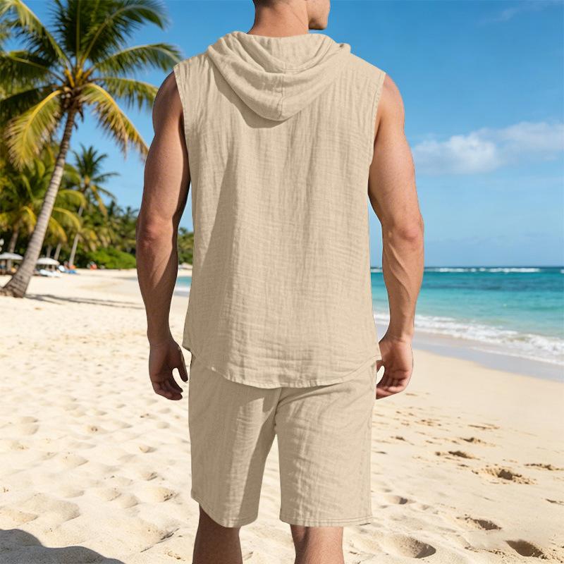 Men Shirt Shorts Two-piece Suit Hooded Sleeveless Shirt Adjustable Elastic Shorts Set Hiking Workout Summer Casual Outfit