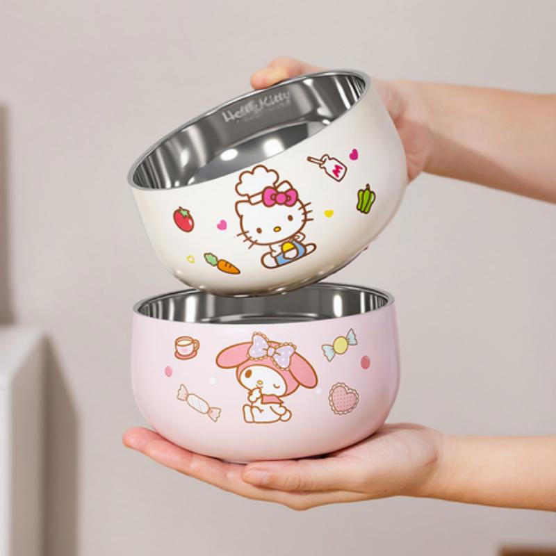 For Sanrio Kawaii Hello Kitty Kuromi Rice Bowl Soup Bowl Kids 316 Steel Bowl Double-layer Heat Insulation&Anti-scald Tableware