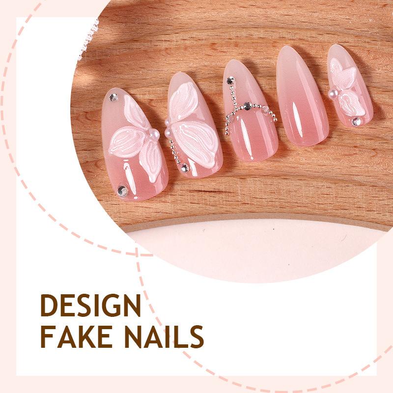 French almond nail fairy pink naked three-dimensional butterfly pointed wearing nail advanced sense pearl nail art finished nail piece