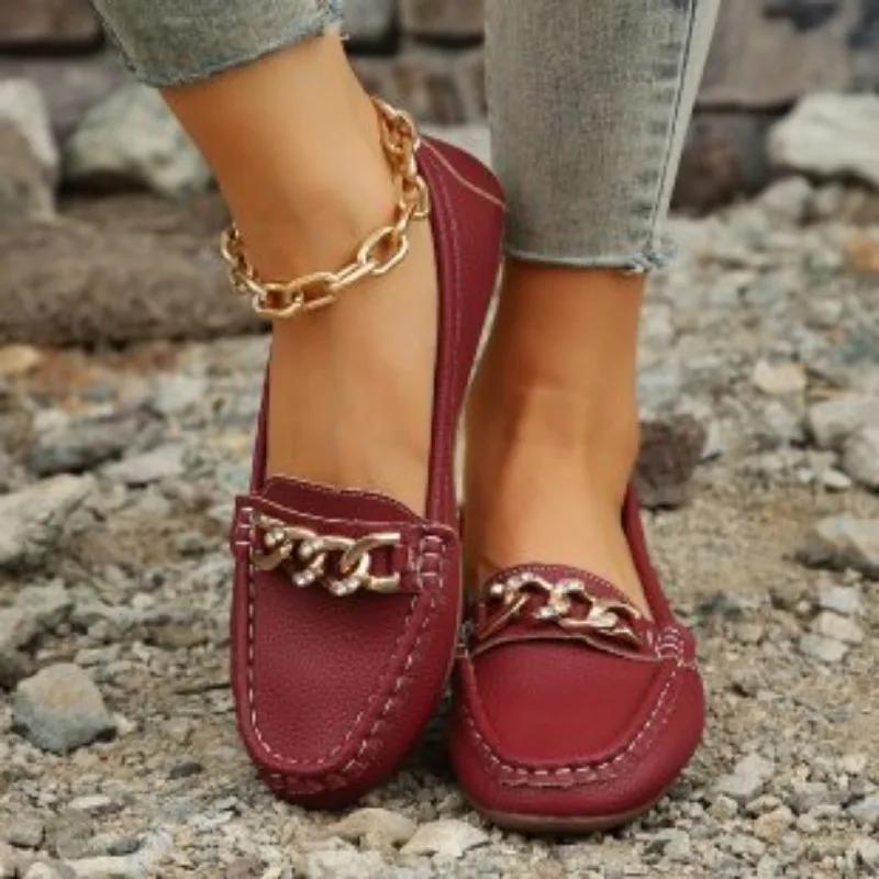 Autumn Casual Women's Sports Shoes Metal Chain Low Heel  Fashion Women's Single Shoes Summer Women's Loafers Shoes