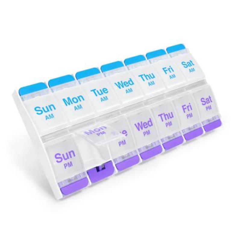 Weekly pill organizer for arthritis patients, BPA-free, spring-open design, with space for vitamins, cod liver oil,