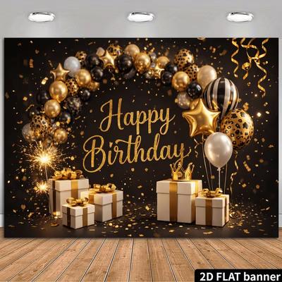 2D Black Gold Sparkle Happy Birthday Backdrop Leopard Print Photography Banner