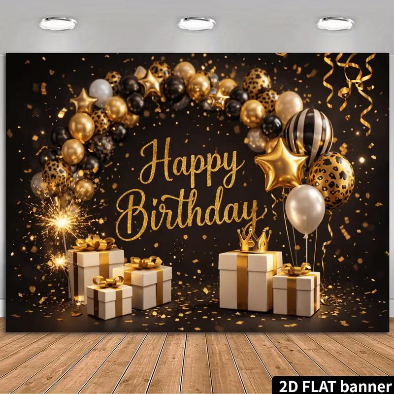 

2D Black Gold Sparkle Happy Birthday Backdrop Leopard Print Photography Banner 47.2x31.5inch/120*80cm