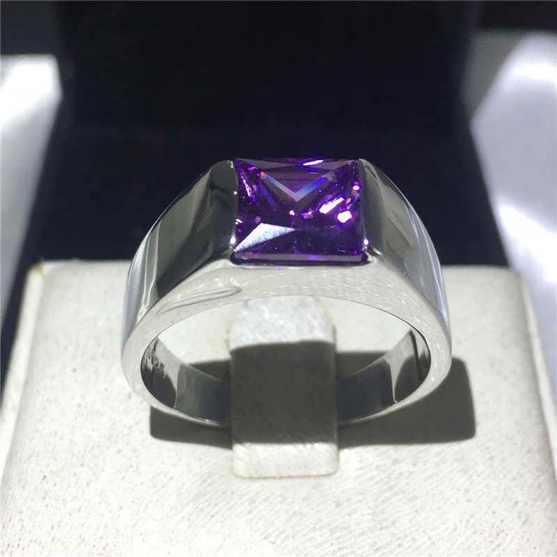 

Charm Purple Amethyst Stone Rings for Men Women Real S925 Sterling Silver Ring Wedding Bands Square Zircon Engagement Ring Male 12 фіолетовий