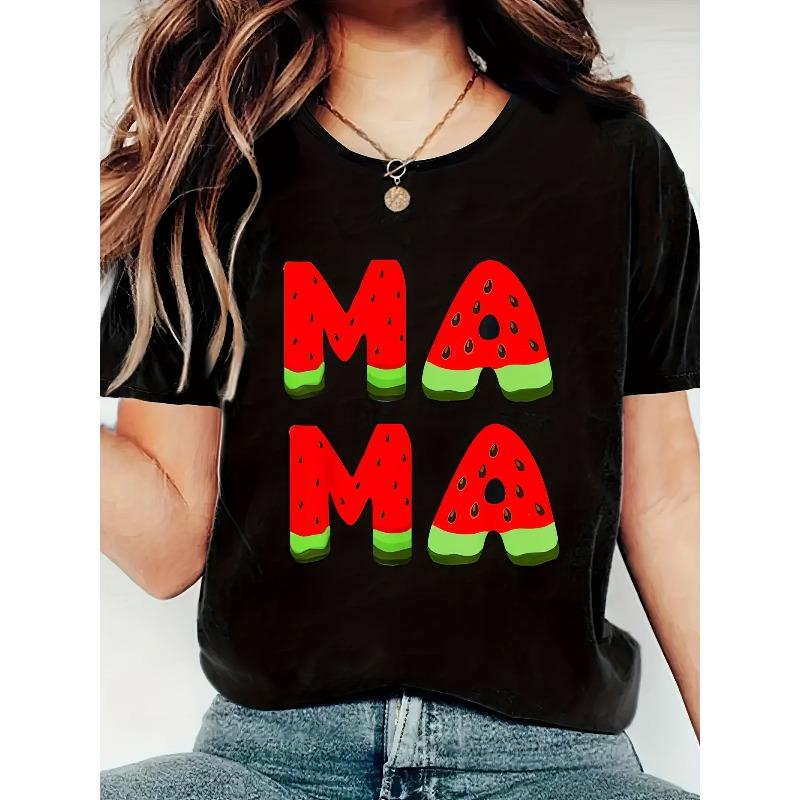 

European sizes Women S MAMA Graphic T-Shirt - Casual Crew Neck, Short Sleeve, Summer & Spring Top with Watermelon Design, Lightweight & Comfortable 4XL