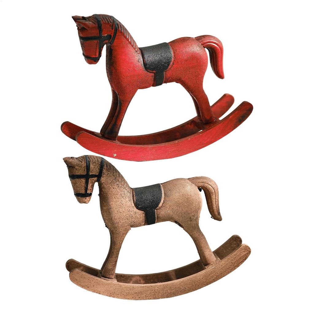Funny Wooden Rocking Horse Figurines Vintage Horse Desk Sculpture Animal Toys for Boys Girls Birthday New Year Gift Home Decor