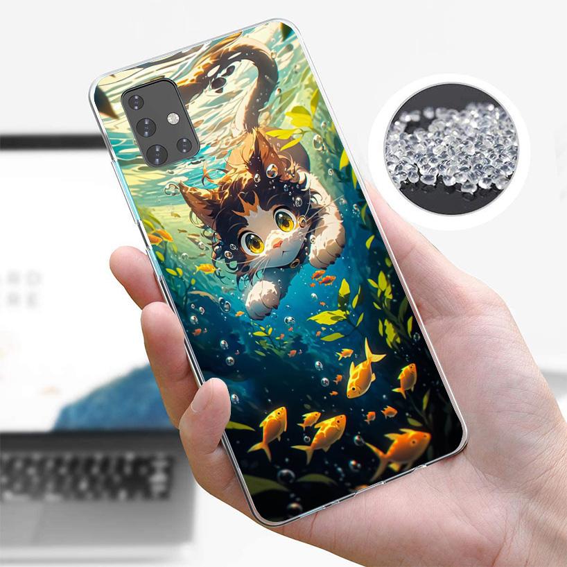 Cartoon Cute Cat Fish Aesthetic Phone Case For Samsung Galaxy A52 A32 A22 A12 A02S A50S A30S A51 A31 AA71 Note 20 Ultra 10 S10 P