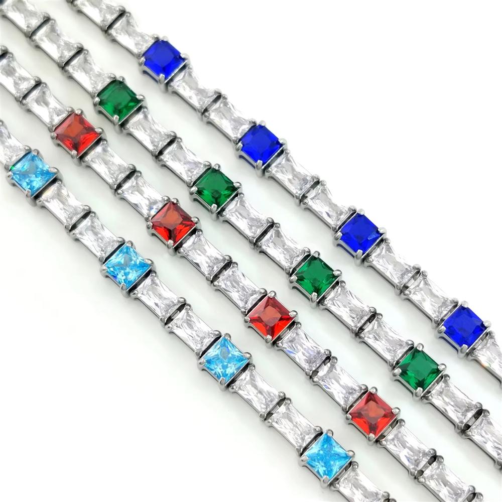 Personalized 4 Colors Available Claw Setting Rectangular and Square CZ Stainless Steel Tennis Bracelet With Extension Chain