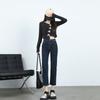 Slit Straight Jeans for Women, High Waist Straight Trousers for Women, Slim Hair, Nine-point Pants, Cigarette Pants for Women, Autumn