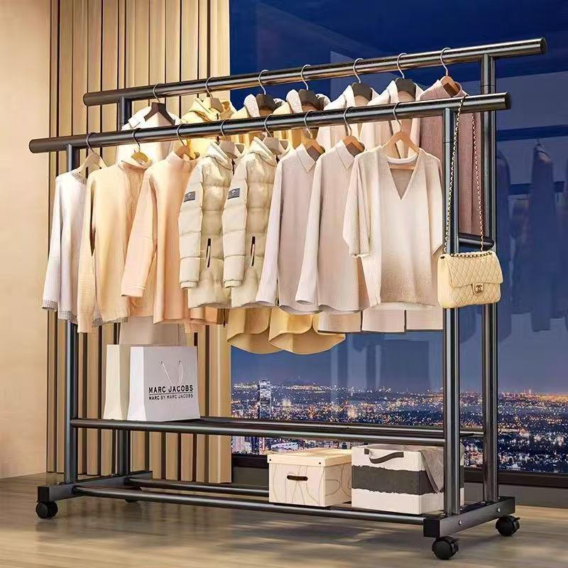 Extra Thick Double Rod Mobile Clothes Rack for Home and Dormitory