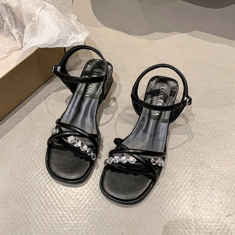 Open-toed rhinestone sandals summer new fashion thick heel square head one-button versatile women's shoes