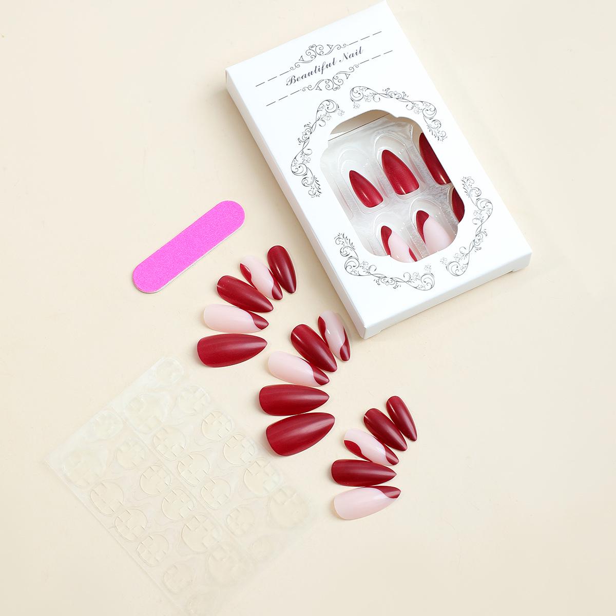 

Новые французские миндалевидные красные полосатые накладные ногти - кончики накладных ногтей