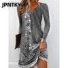 JPNTKY אופנה סתיו חורף שמלות קז'ואל עם שרוולים ארוכים ומחשוף V