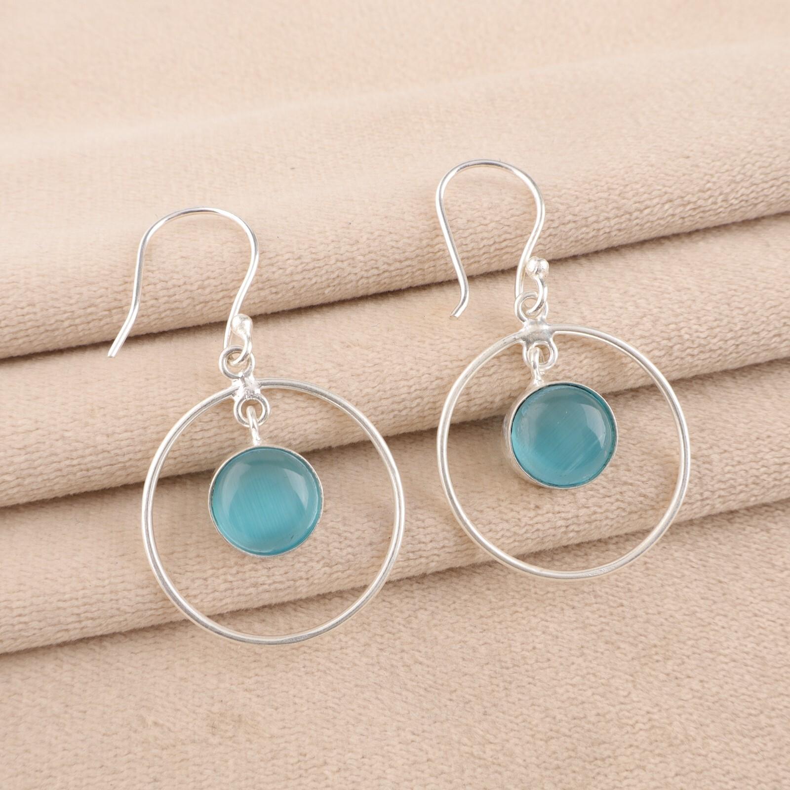 

Драгоценный камень «Кошачий глаз» синего цвета, Ювелирные изделия из серебра 925 пробы, Серьги ручной работы 1,60 EE-5-49