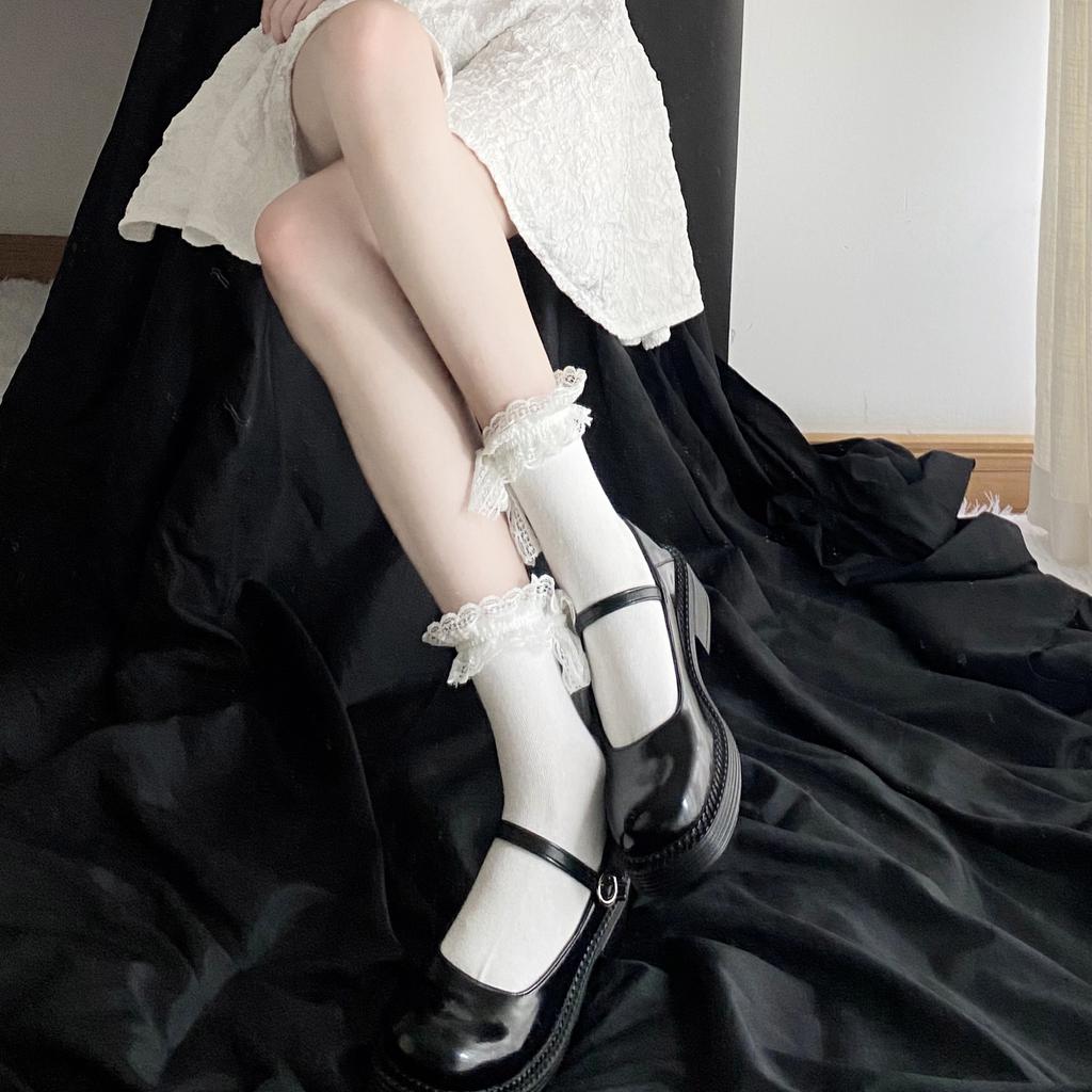 Lolita lace trim short mid-calf socks for women, solid color, thin summer style lolita Cute and versatile for soft girls