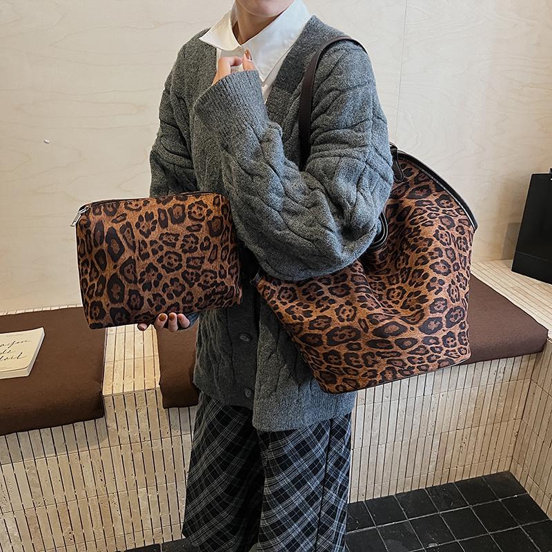2025 New Retro Bag Brown Large Capacity Shoulder Bag Daily Commuter Women's Bag 2 In 1 Tote Leopard Print Faux Suede Basket Bag