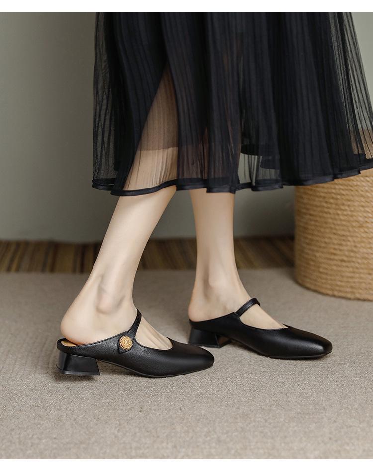 Genuine Leather Women's Chunky Heel Pointed Toe Slippers - Versatile French Style for Spring/Summer