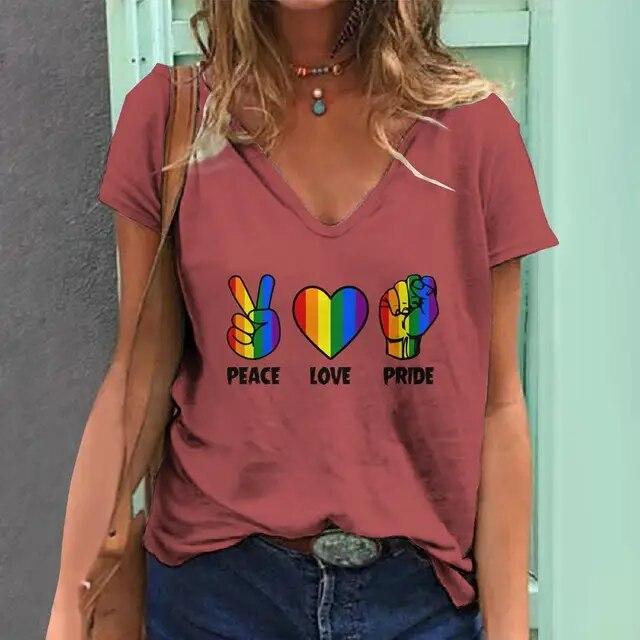 Women'S T-Shirt 3d Rainbow Color Print Tops Tees Fashion Casual V-Neck Pride Month Clothing Summer Lady Oversized Pullovers