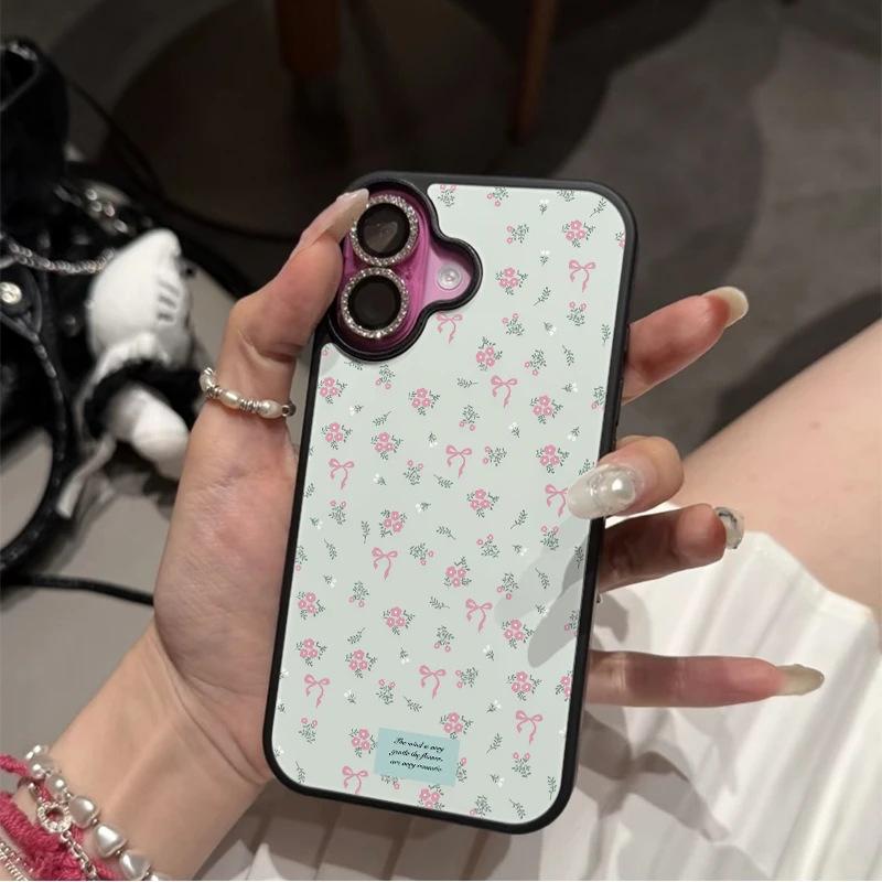 Pink and Green Floral Bow Is Suitable for iPhone17/16 Mobile Phone Case, Apple 14Pro Matte PC13 Fresh 15 Sets.