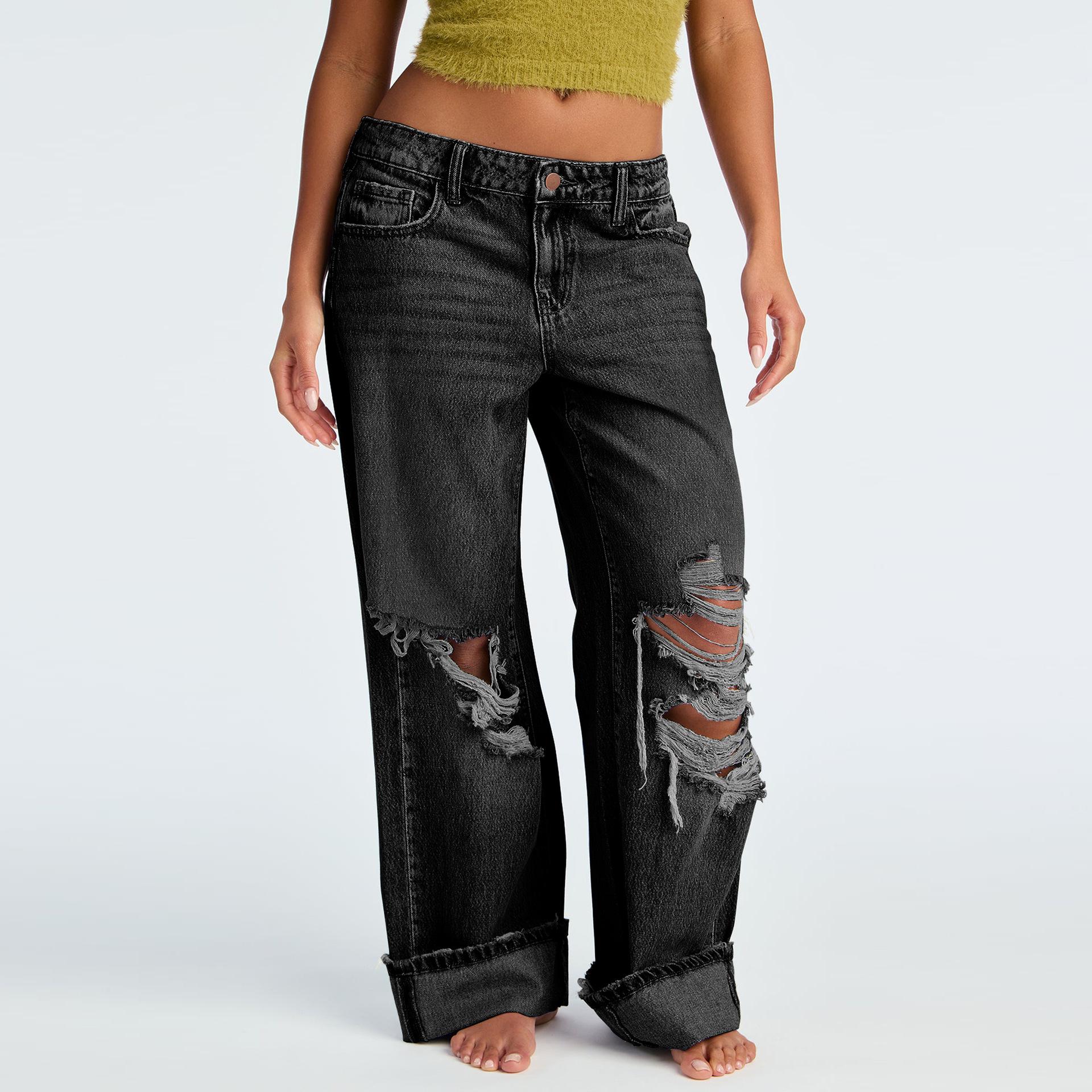 

2026 Spring New Women s Casual Versatile High-Waisted Ripped Straight-Leg Denim Pants 3XL чорний