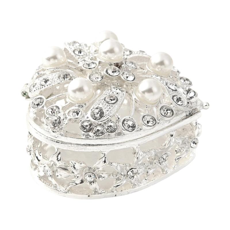 Elegant European Styles Heart Shaped Jewelry Box With Diamonds And Pearls Accent For Rings Earrings Necklaces серебряный