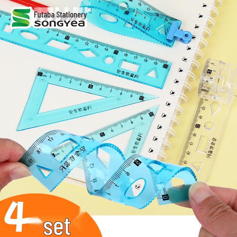 Foldable & Bendable Ruler Set - 4 Pieces, 20cm Student Stationery with Triangle and Creative Wave Ruler