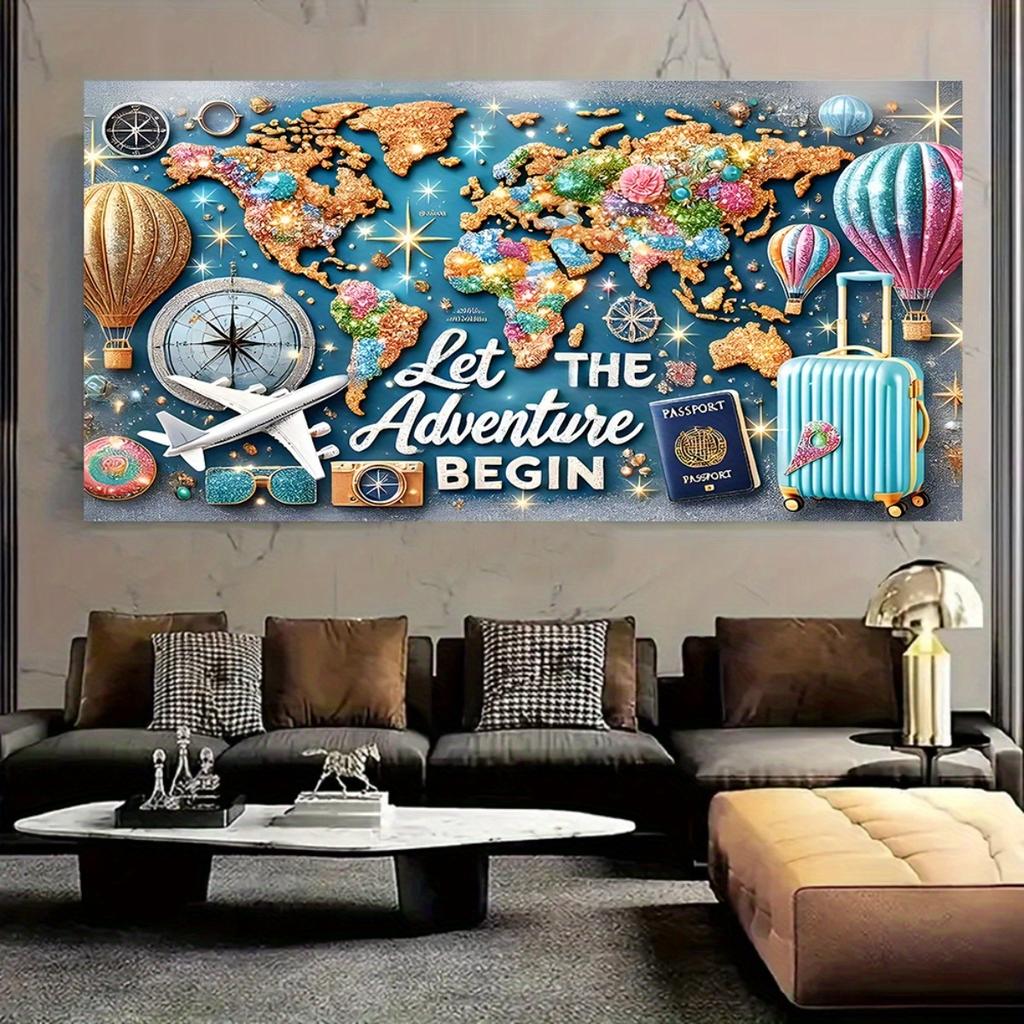 1 adventure-themed large background banner with a shiny world map, hot air balloons and travel signs - perfect for parties