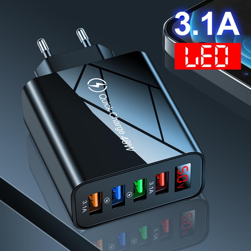 4 USB Real-time Variable Frequency LCD Digital Display Phone Charger Adapter 5V 48W Power Supply Quick Charger for Mobile Phone