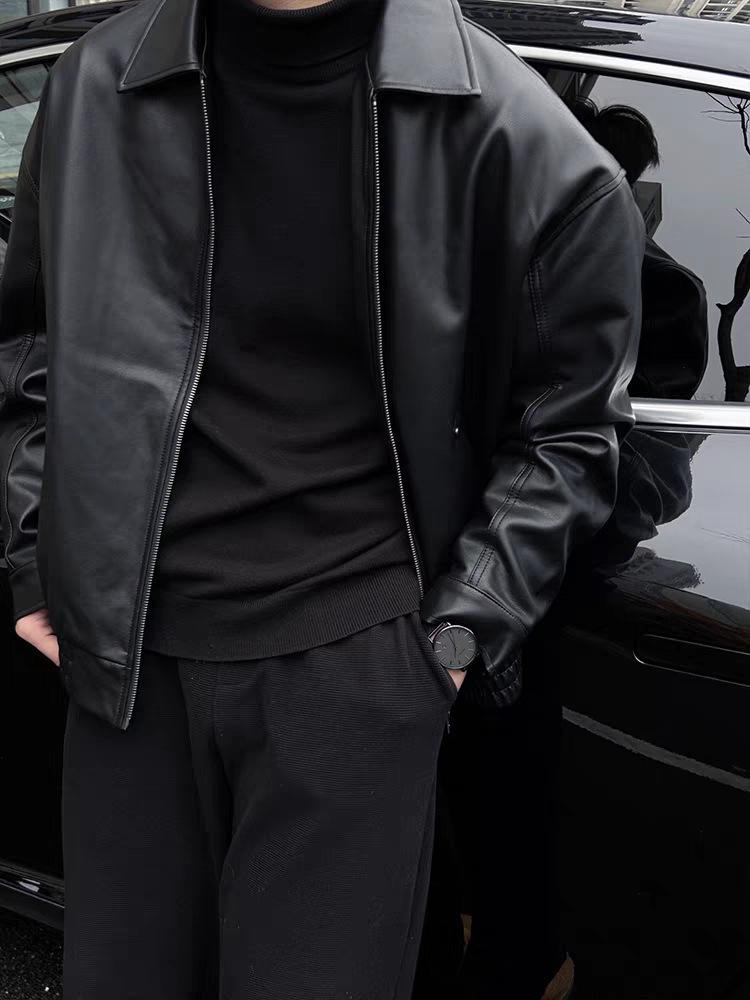 Men's European-Style Black Executive PU Leather Workwear Jacket with Lapel Zipper