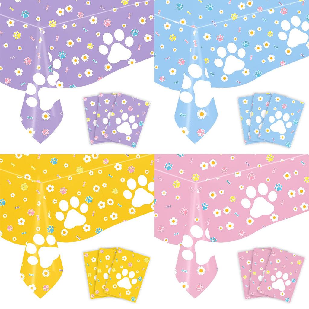 Cute Dog Paw Birthday Party Tableware Set: Cups, Napkins, Tablecloth, and Flags.