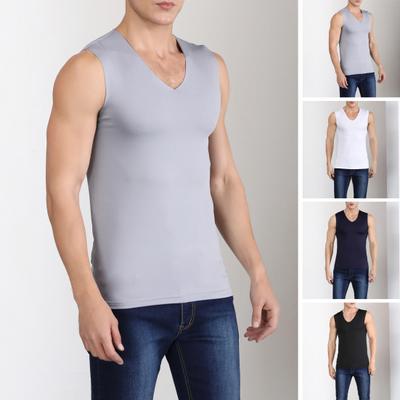 Colete de fitness masculino de verão, cor sólida, sem costura, plus size, decote em V, sem mangas, elástico, macio, respirável, de secagem rápida, pulôver casual masculino, academia, esporte, regata