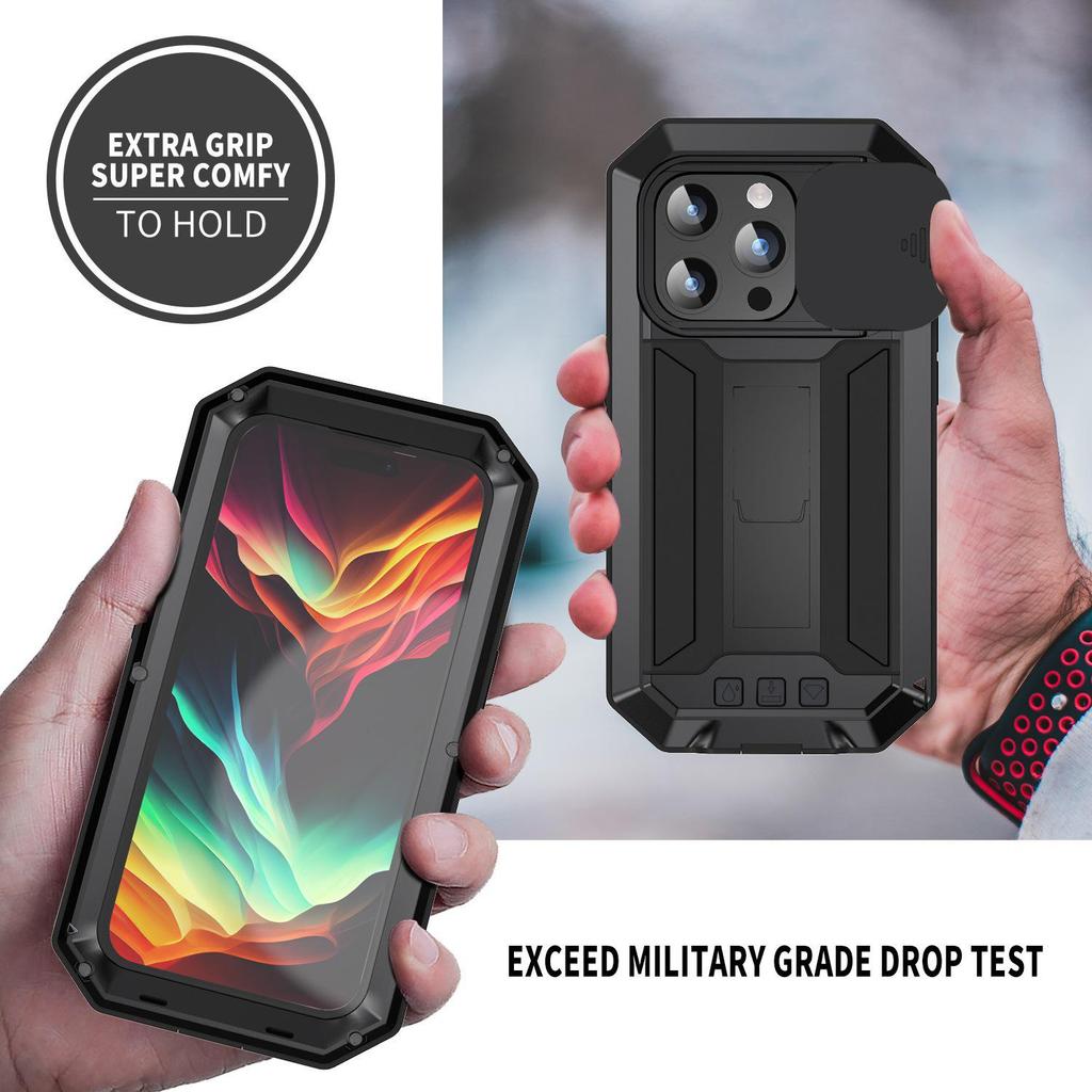 Invisible Stand Metal Tri-Proof Phone Case for iPhone 17/16Pro, Sliding Window Drop-Proof Protective Cover.