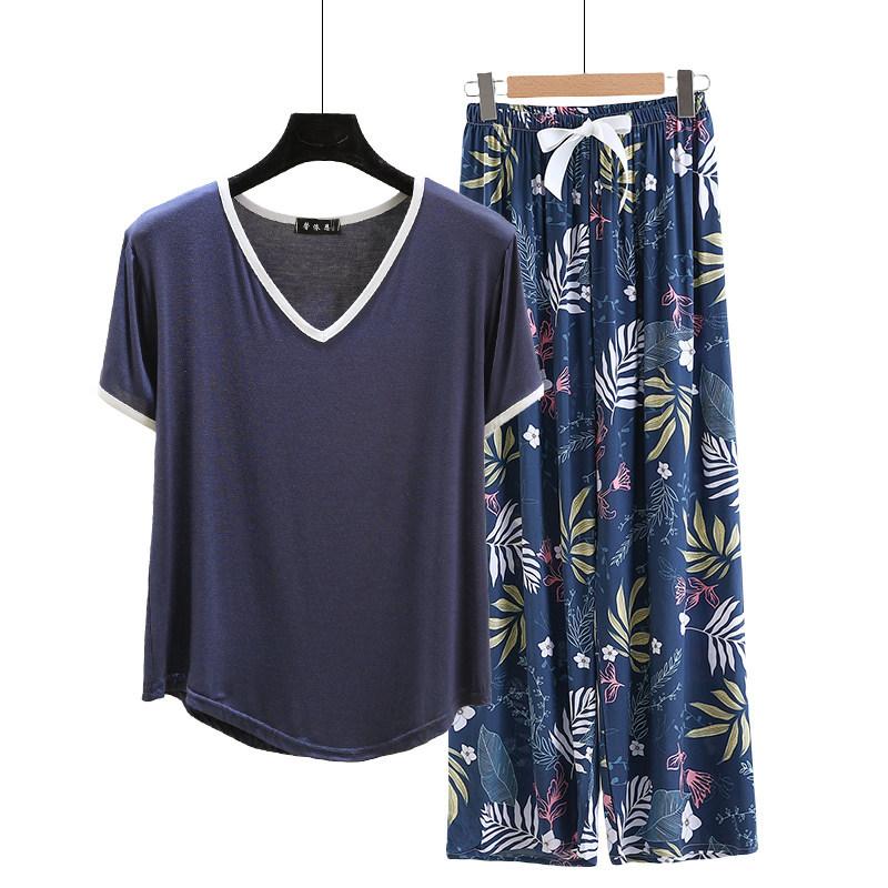 Modal Loungewear V-Neck color-block Tshirt and Floral Wide leg pants Summer Thin Pajamas sets Casual Plus size Homewear 2pcs suit Comfort clothing