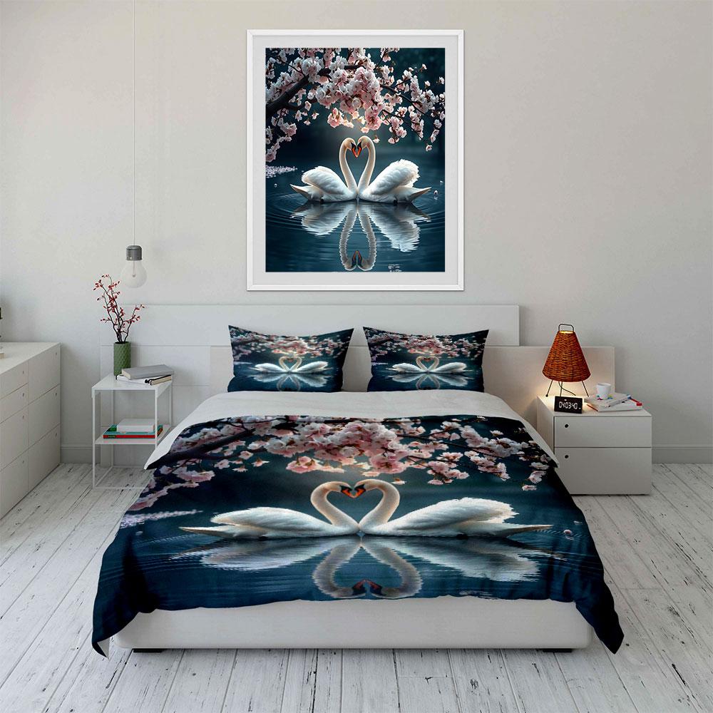 Swans and Cherry Blossom Scene Bedding Duvet Cover Set  (1*Duvet Cover 2*Pillowcases, without duvet insert)