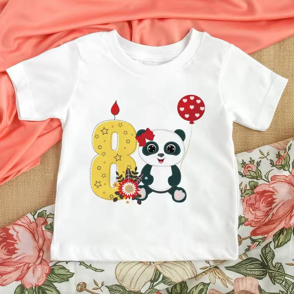 Hotselling Birthday Panda Digital Print Childrens Tshirts Roundneck Shortsleeved Tshirts for Boys and Girls Summer Modal