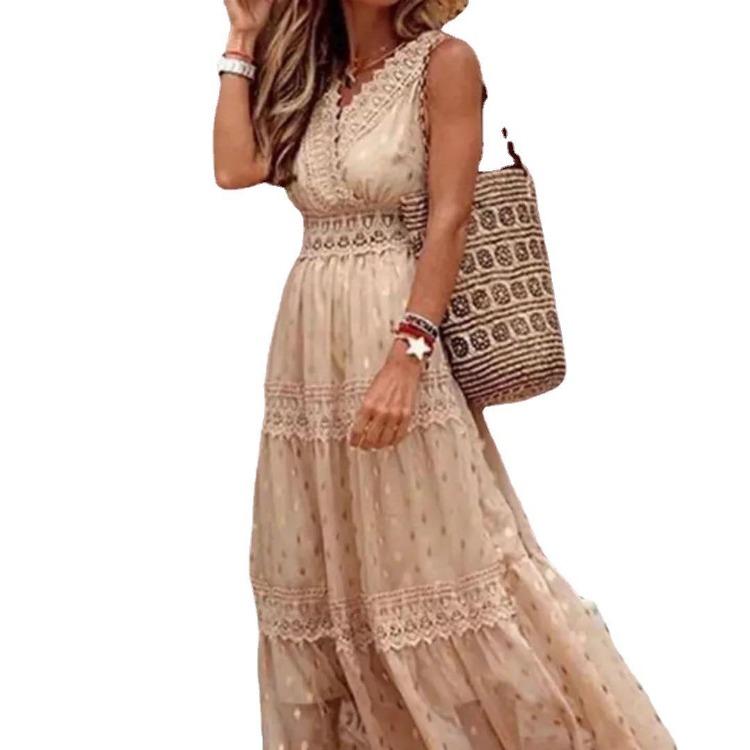 Summer Women Chiffon Midi Dress Deep V Neck Sleeveless Casual Elegant