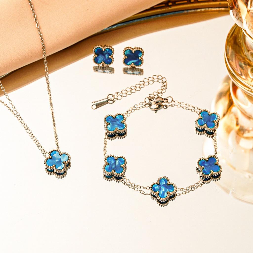 3PCS Titanium Steel Double-sided Clover Necklace Bracelet Earring Set