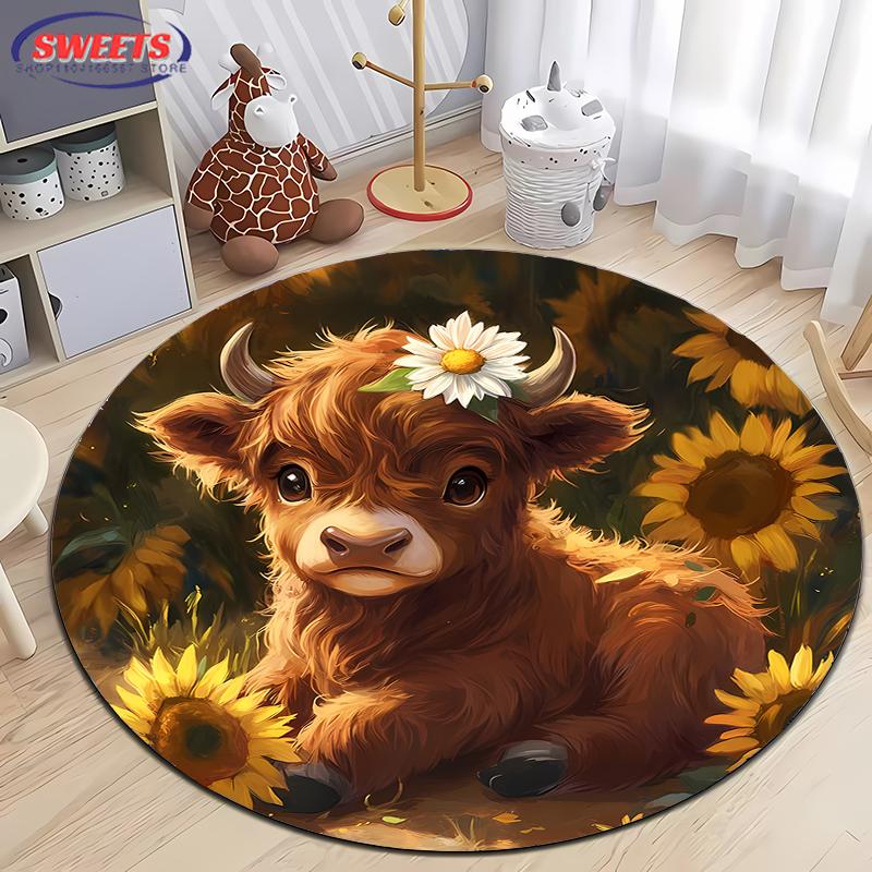 Scottish Highland Cattle Pattern Round Rug Kids Room Circular Carpet Living Room Bedroom Home Decoration Computer Chair Area Mat