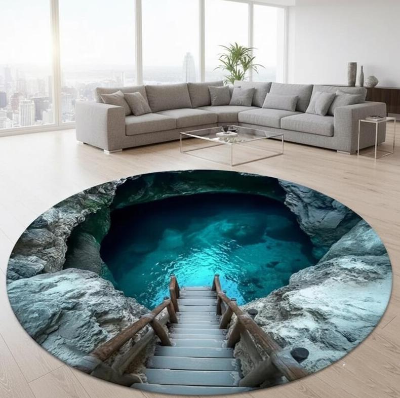 3D Vortex Round Rug, Ocean Water Whirlpool Design 3D Ocean Hole Round Rug Illusion Carpet Unique Living Room Home Decor Rugs