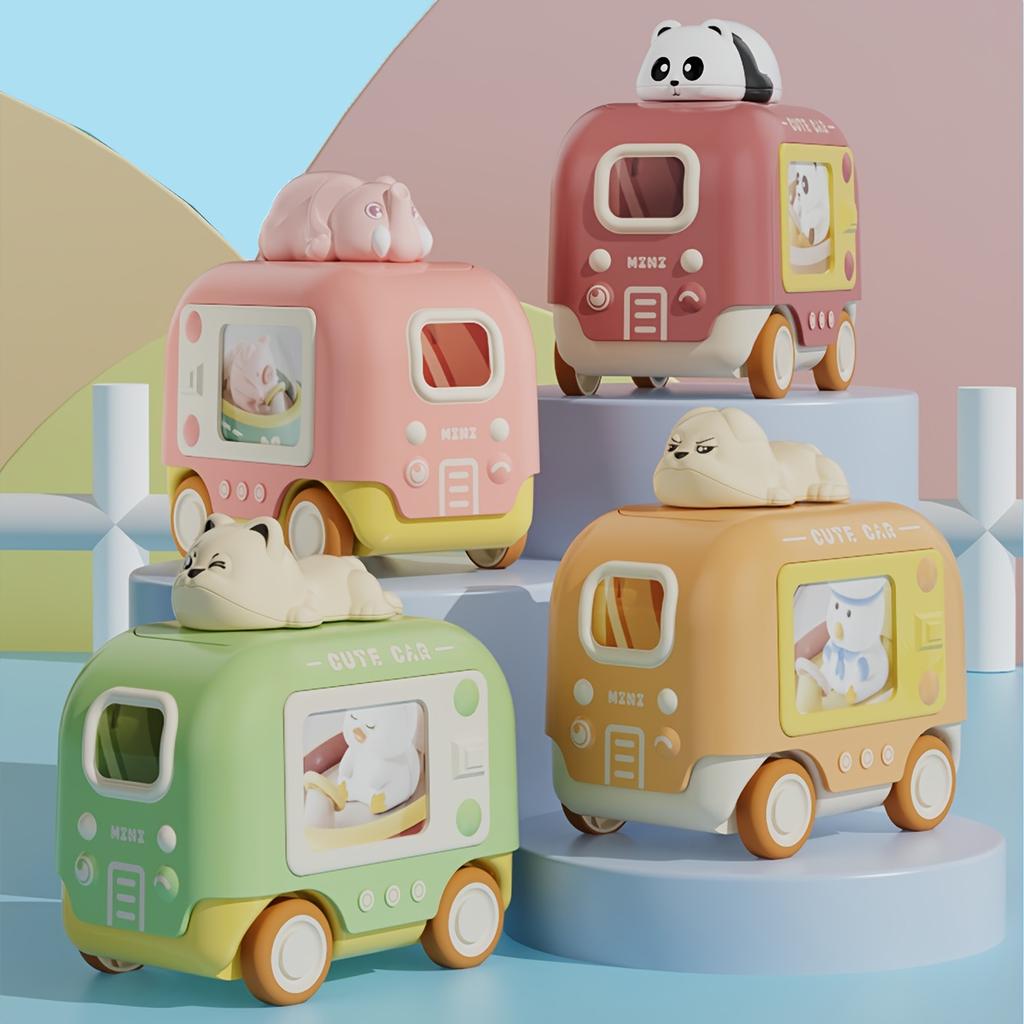 4pcs set of children's press along bus inertial car cartoon animal set, press along car toys birthday, Halloween Christmas gifts