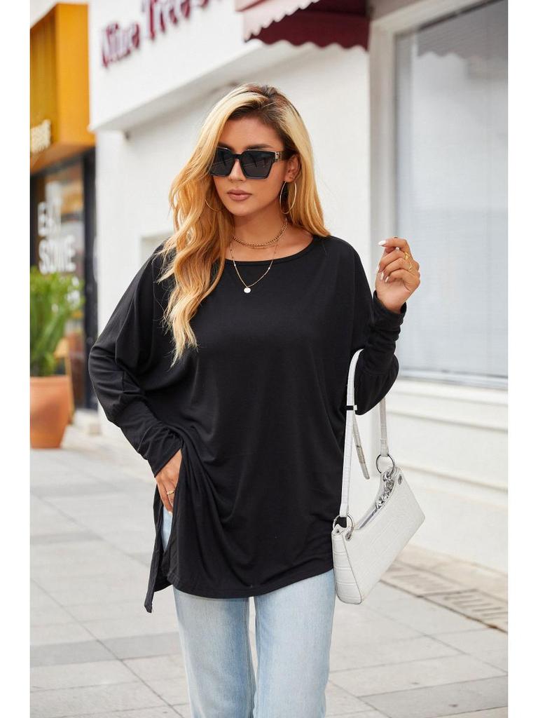 T-shirt jesienno-zimowy z długim rękawem, nieregularny, w dużych rozmiarach - Casualowy, luźny krój