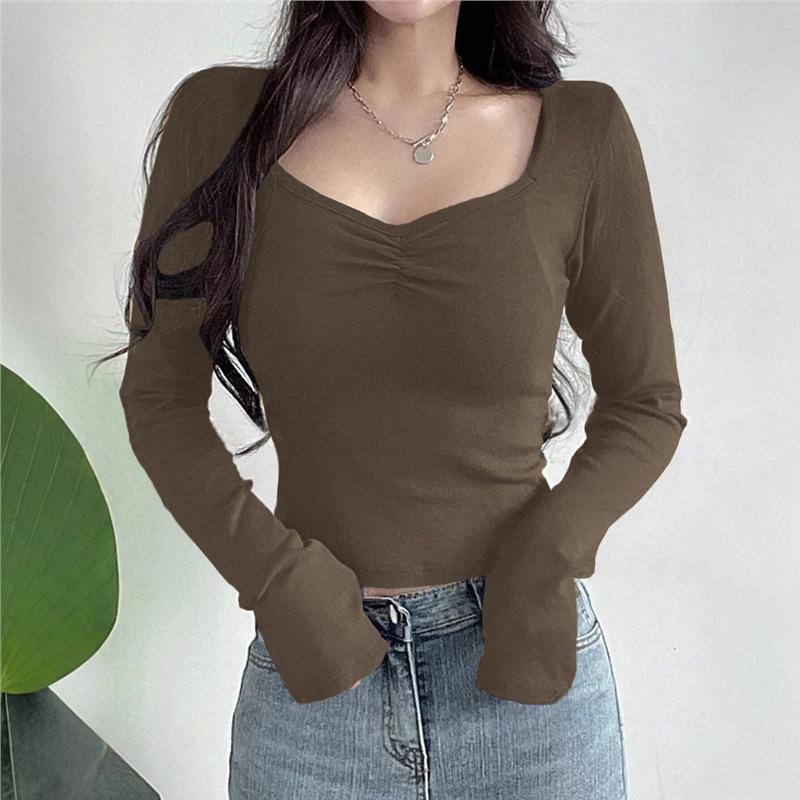 

Sweet Square Neck Ruched Women s Long Sleeve Top - Spring/Autumn Solid Color T-shirt 2025 XL кавовий